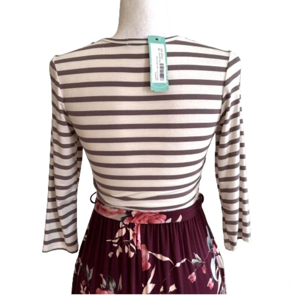 Lux & Co Bernice 2fer Knit Burgundy Tan Stripe Floral Pockets Maxi Dress XS NEW - Picture 7 of 13